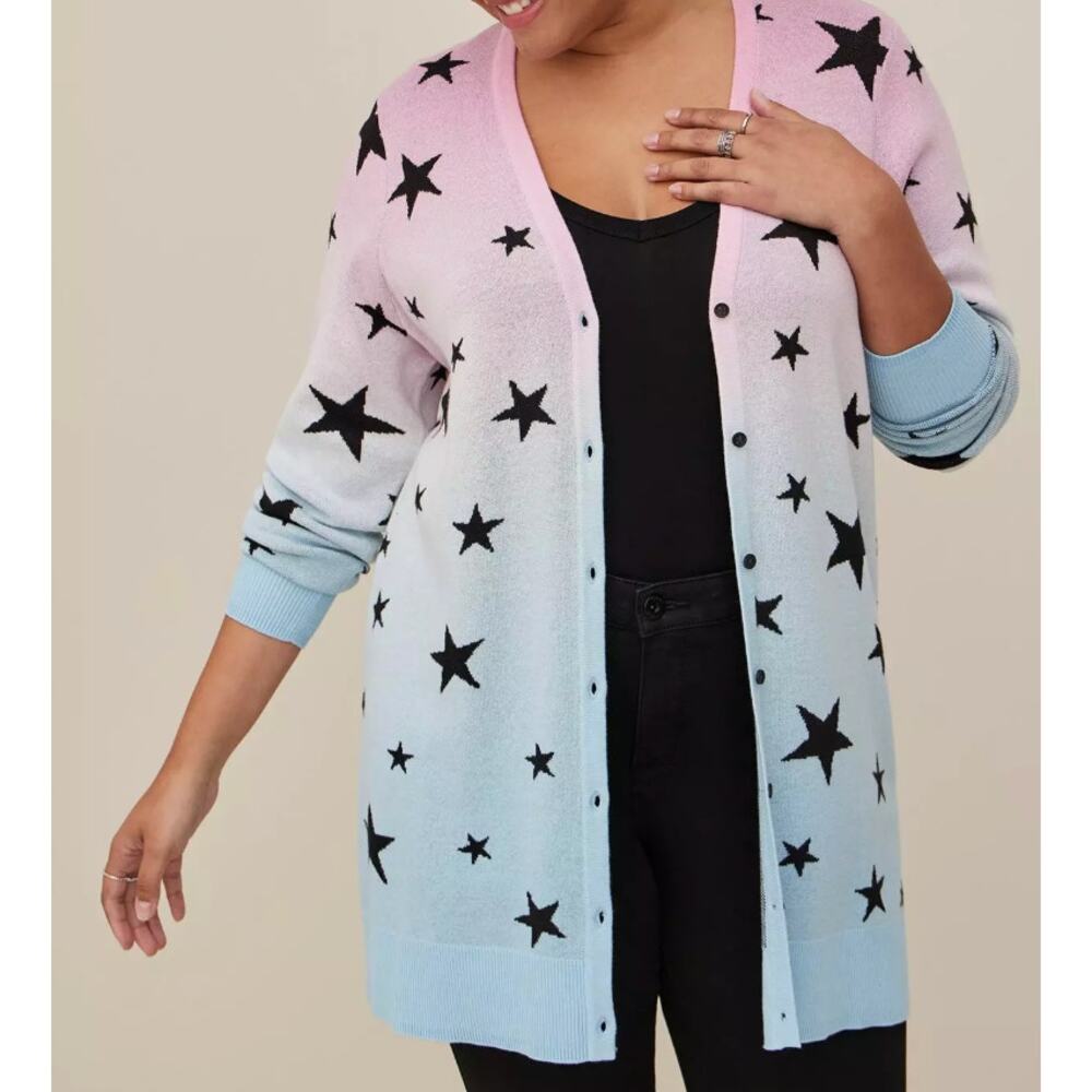 Torrid Pink & Blue Ombre Star Print Cotton-Blend Boyfriend Cardigan Plus Size 3X